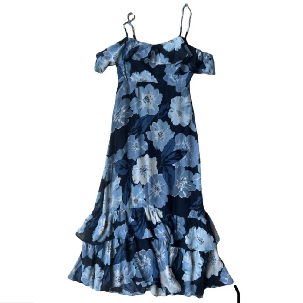 Reformation Floral Blue Off-Shoulder Dress